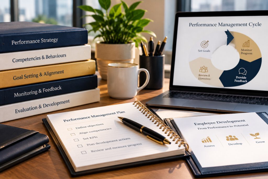 A desk with books on performance strategy, a notebook headed Performance Management Plan and a laptop showing a performance management cycle