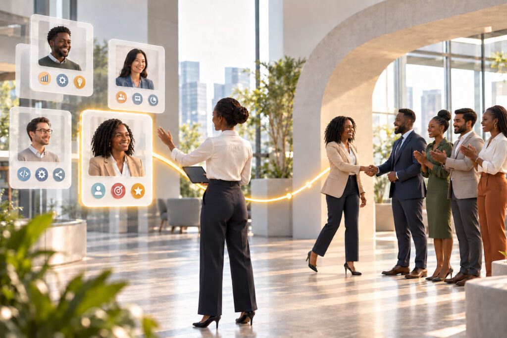 A consultant presents team profiles on glass panels in a bright office lobby while colleagues shake hands and applaud
