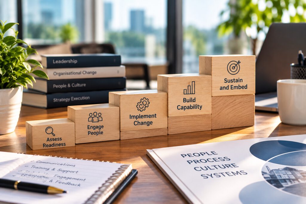 Wooden blocks rising in steps labelled Assess Readiness, Engage People, Implement Change, Build Capability and Sustain and Embed, on a desk beside books on leadership and organisational change