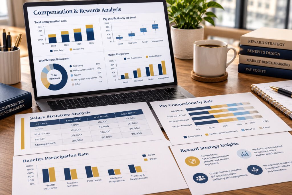 A desk with a laptop showing compensation and rewards charts beside printed pay and benefits analyses and books on reward strategy