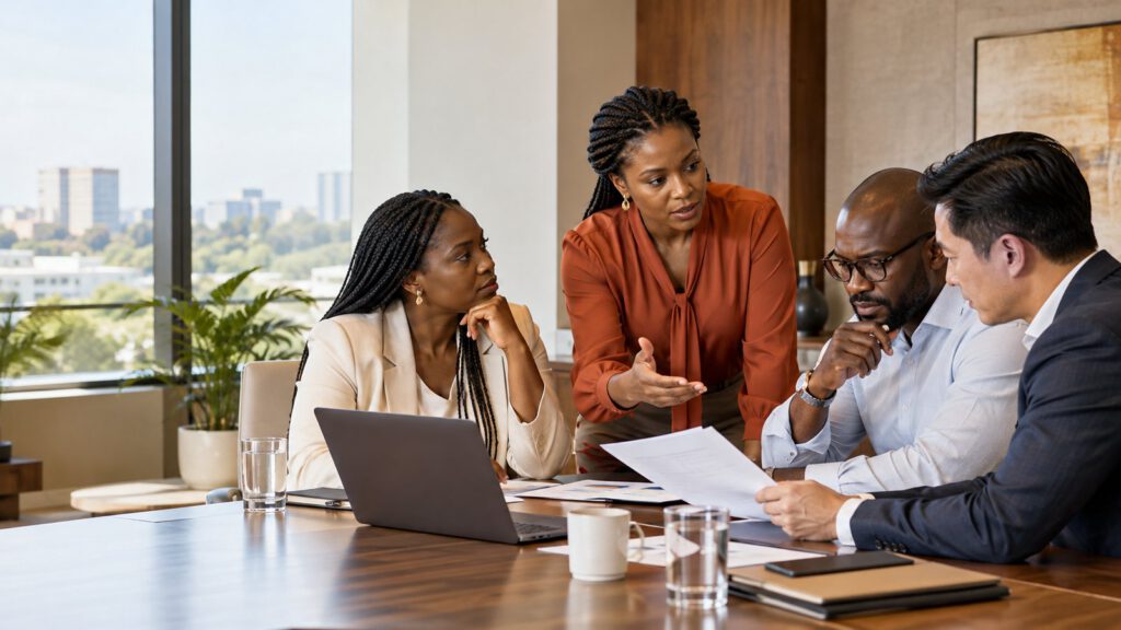 Four colleagues in a daylit boardroom, one standing to address the table