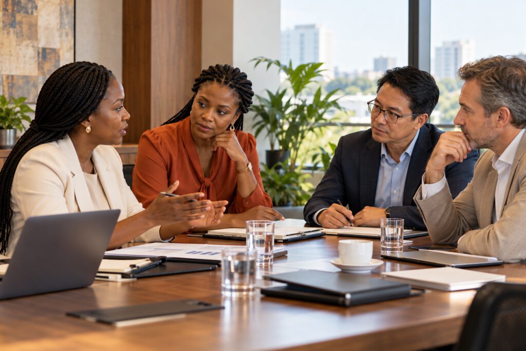 Four professionals in discussion around a boardroom table