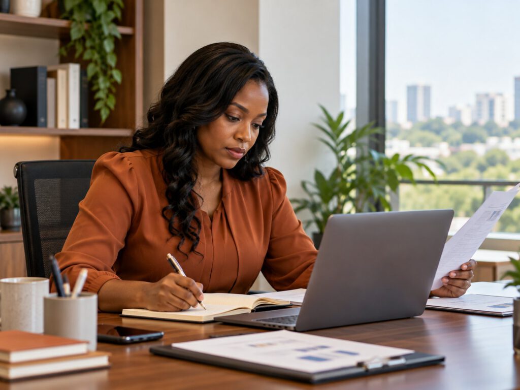 A woman at a desk writing in a notebook beside a laptop